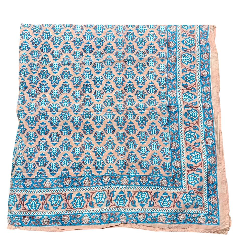 Tablecloth Kerry Cassill Blue Water Floral Hand Block Printed Pink Blue 64"x 64"